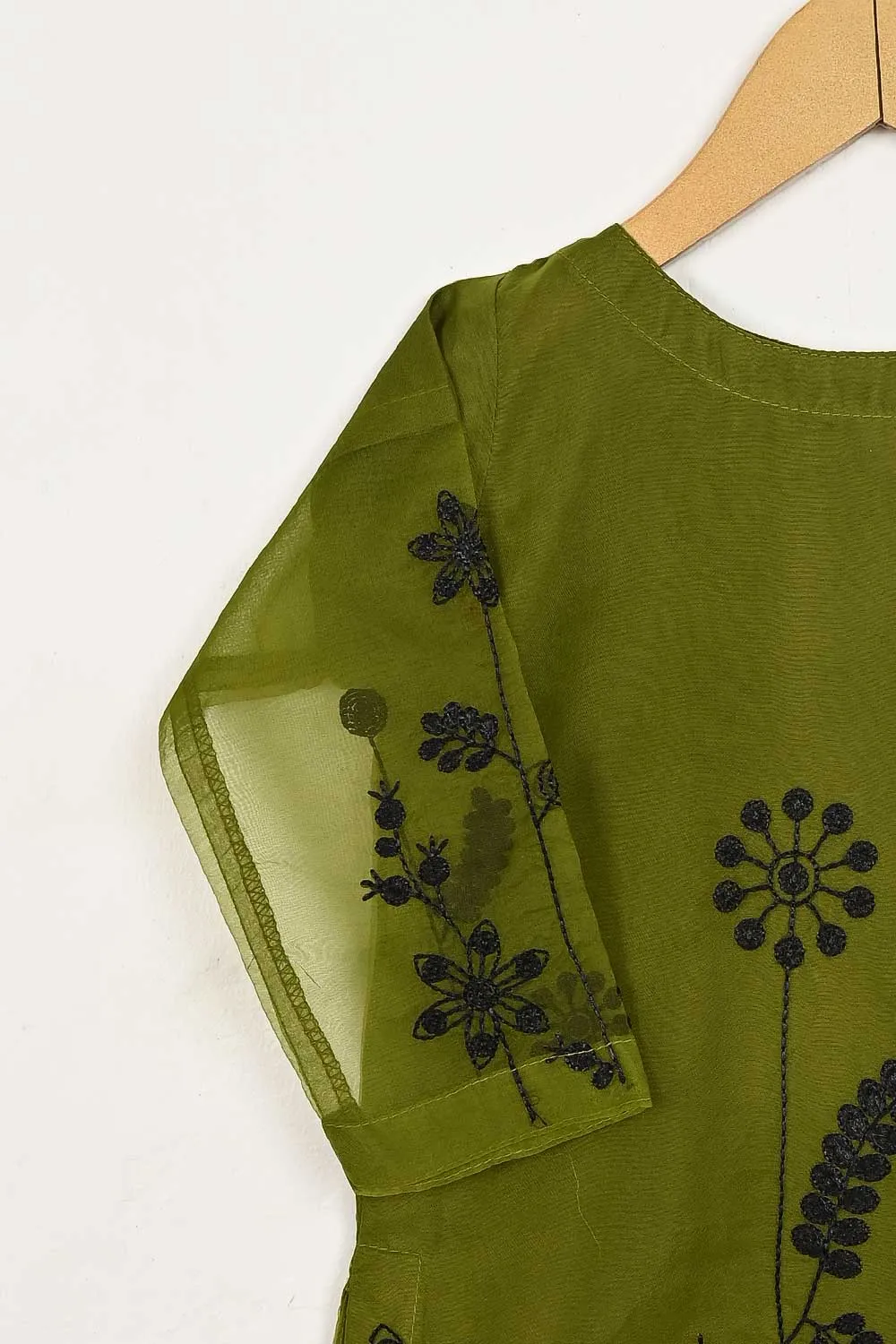 TKF-78-Moss - Kids 3Pc Organza Formal Embroidered Dress With Malai Trouser
