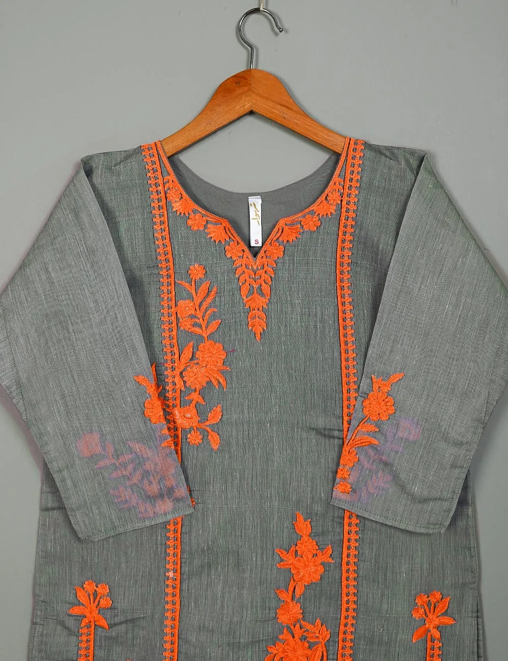 TS-114A-Grey - Paper Cotton Embroidered Stitched Kurti