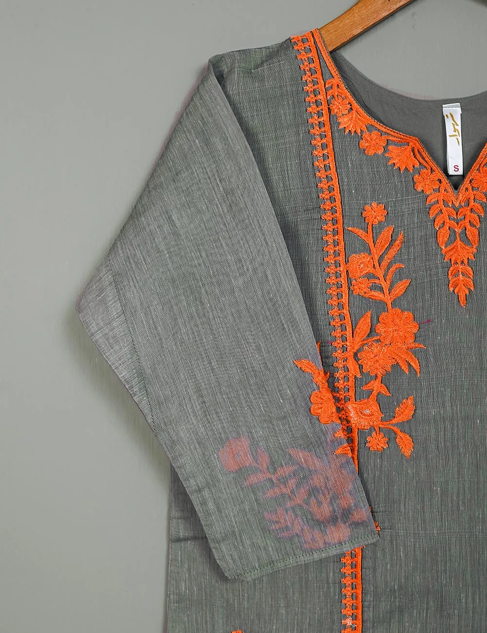 TS-114A-Grey - Paper Cotton Embroidered Stitched Kurti
