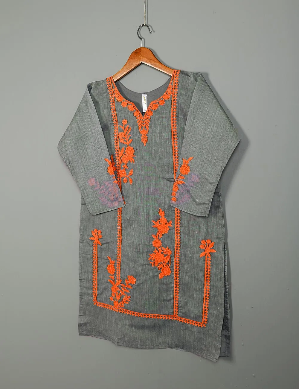 TS-114A-Grey - Paper Cotton Embroidered Stitched Kurti