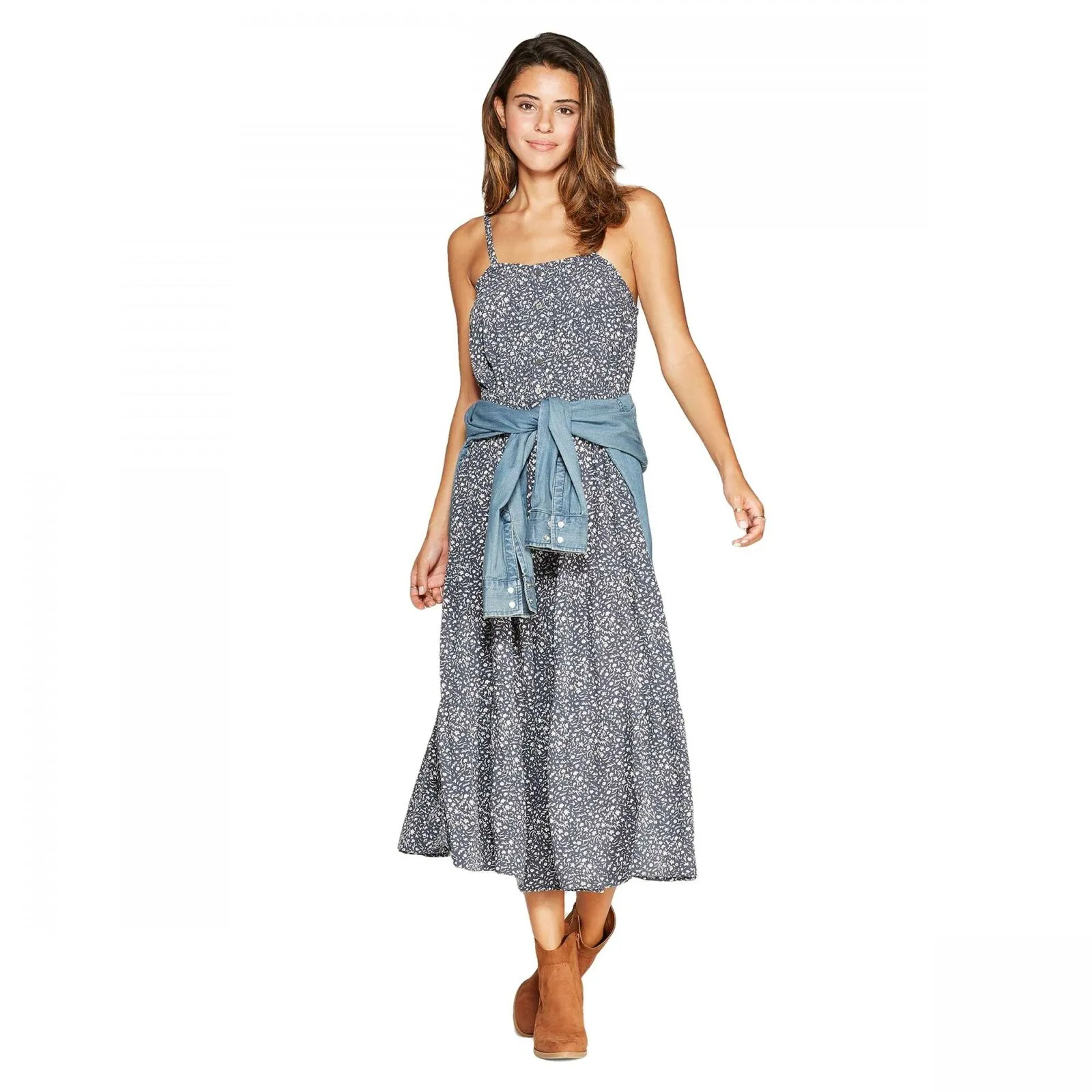 Universal Thread Sleeveless Square Neck Button Front Tiered Midi Dress
