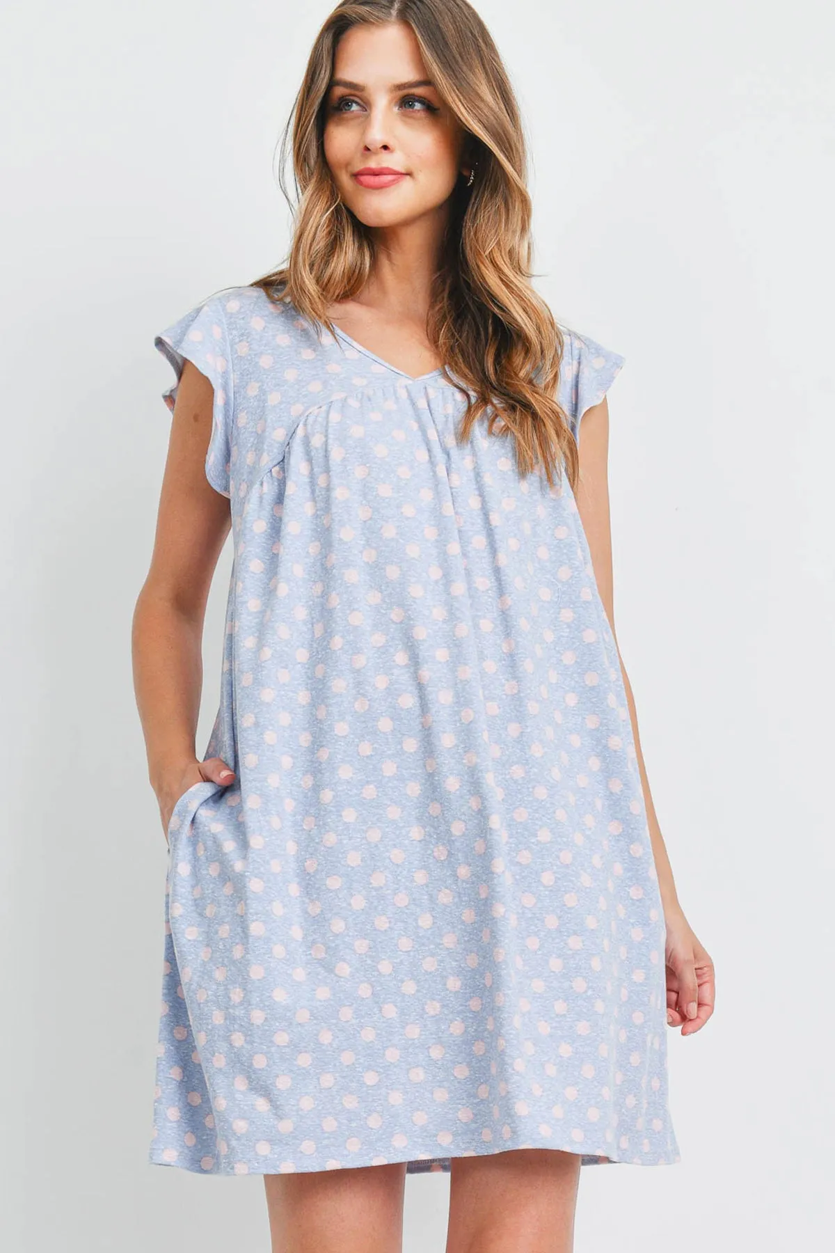 V-Neck Cap Sleeve Polka Dot Pocket Dress