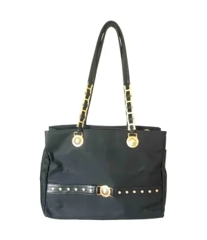 Vintage Gianni Versace large black nylon and leather combination tote bag with gold tone sunburst motifs and chains. 050425r4
