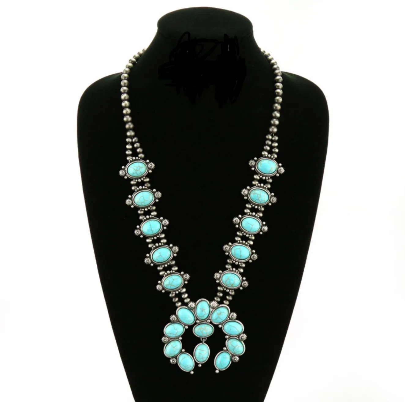 Western Navajo Style Squash Blossom Stone Necklace