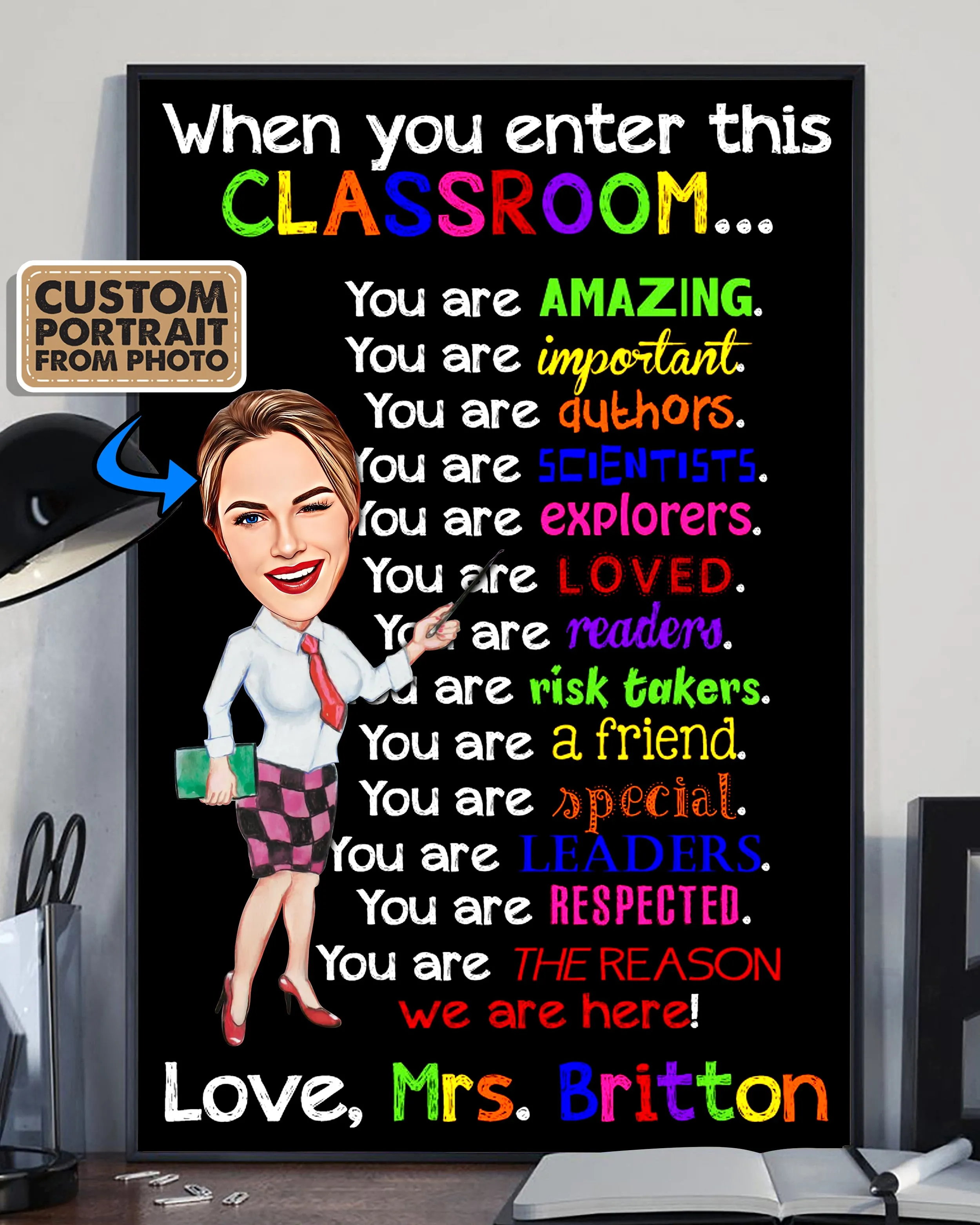 When you enter this Classroom You are Amazing - Custom Name Teacher Poster Canvas - Custom Cartoon Portrait From Your Photo - Back To School