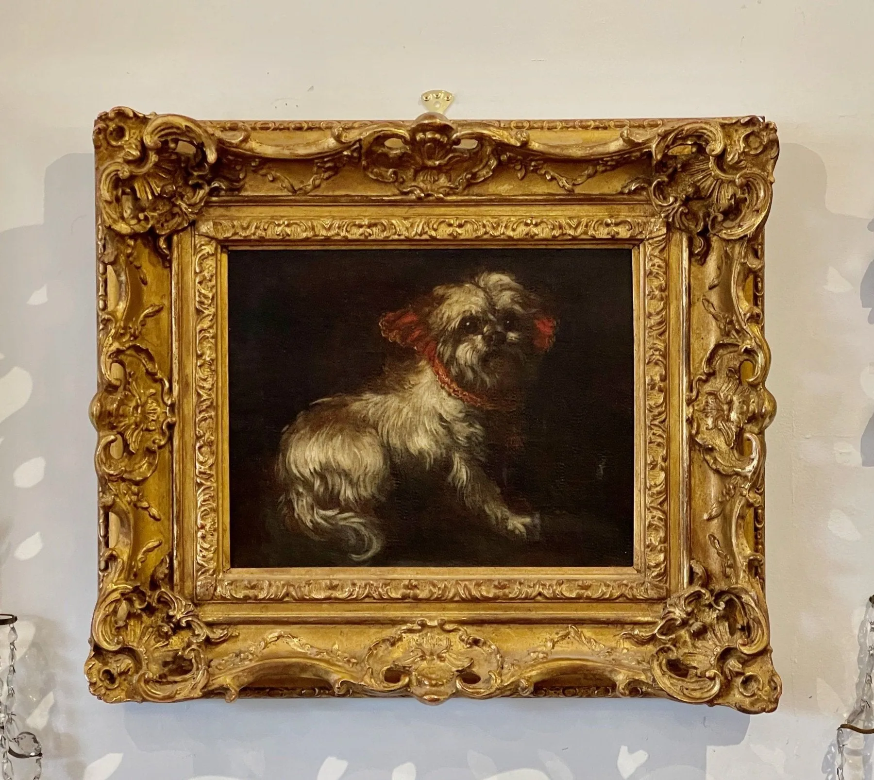 WHITE DOG WITH RED BOW, OIL ON CANVAS, FRANCE