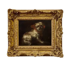 WHITE DOG WITH RED BOW, OIL ON CANVAS, FRANCE