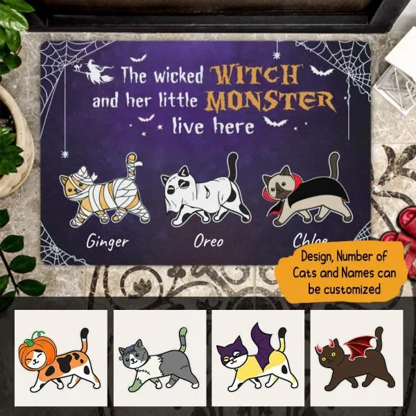 Wicked Witch And Monster Cats Live Here Halloween Personalized Doormat - Cats and Names can be customized
