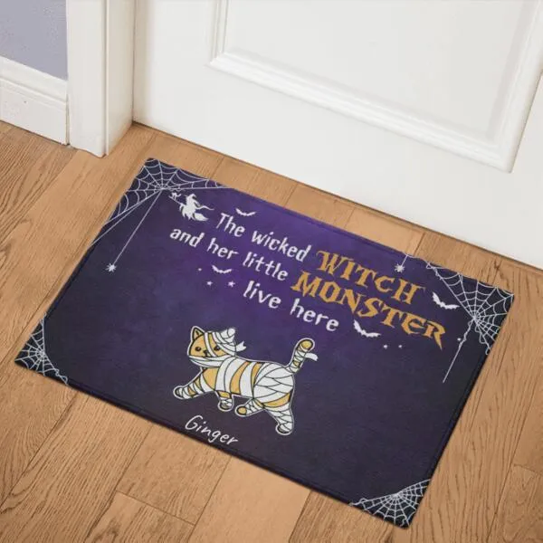 Wicked Witch And Monster Cats Live Here Halloween Personalized Doormat - Cats and Names can be customized