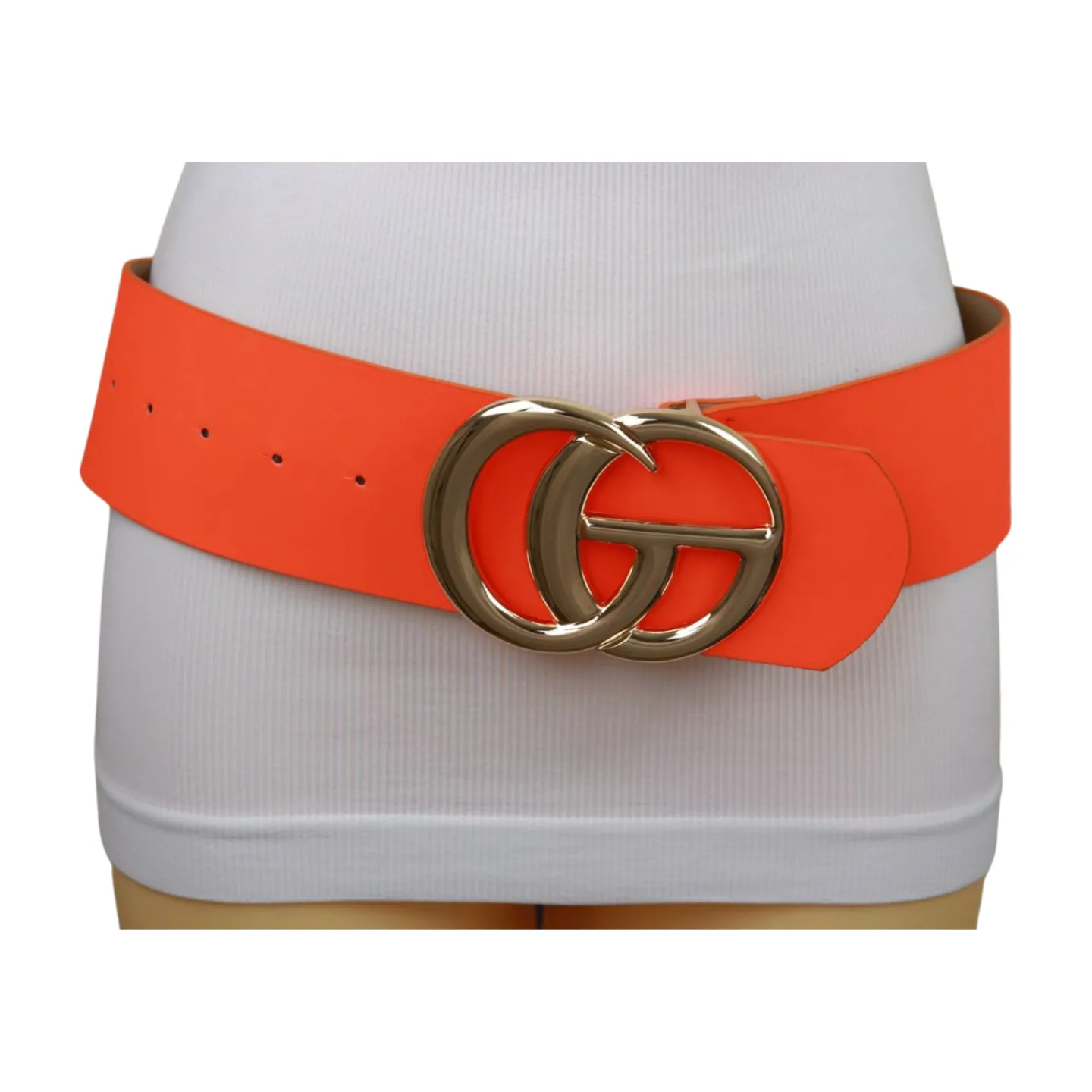 Women Neon Orange Wide Faux Leather Fashion Belt Gold Metal Circle Buckle S M
