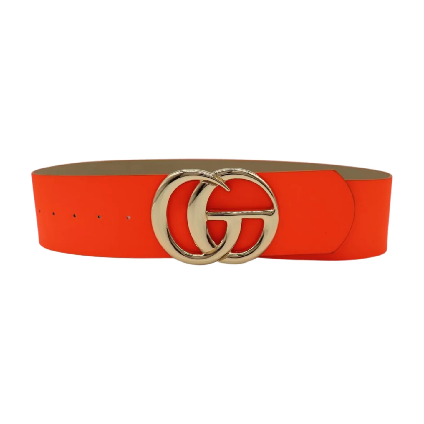 Women Neon Orange Wide Faux Leather Fashion Belt Gold Metal Circle Buckle S M