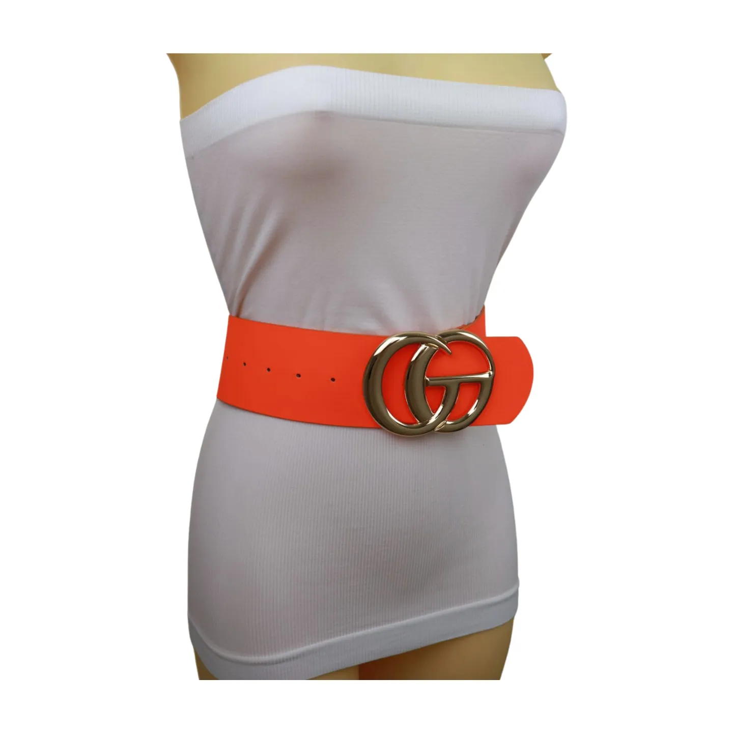 Women Neon Orange Wide Faux Leather Fashion Belt Gold Metal Circle Buckle S M