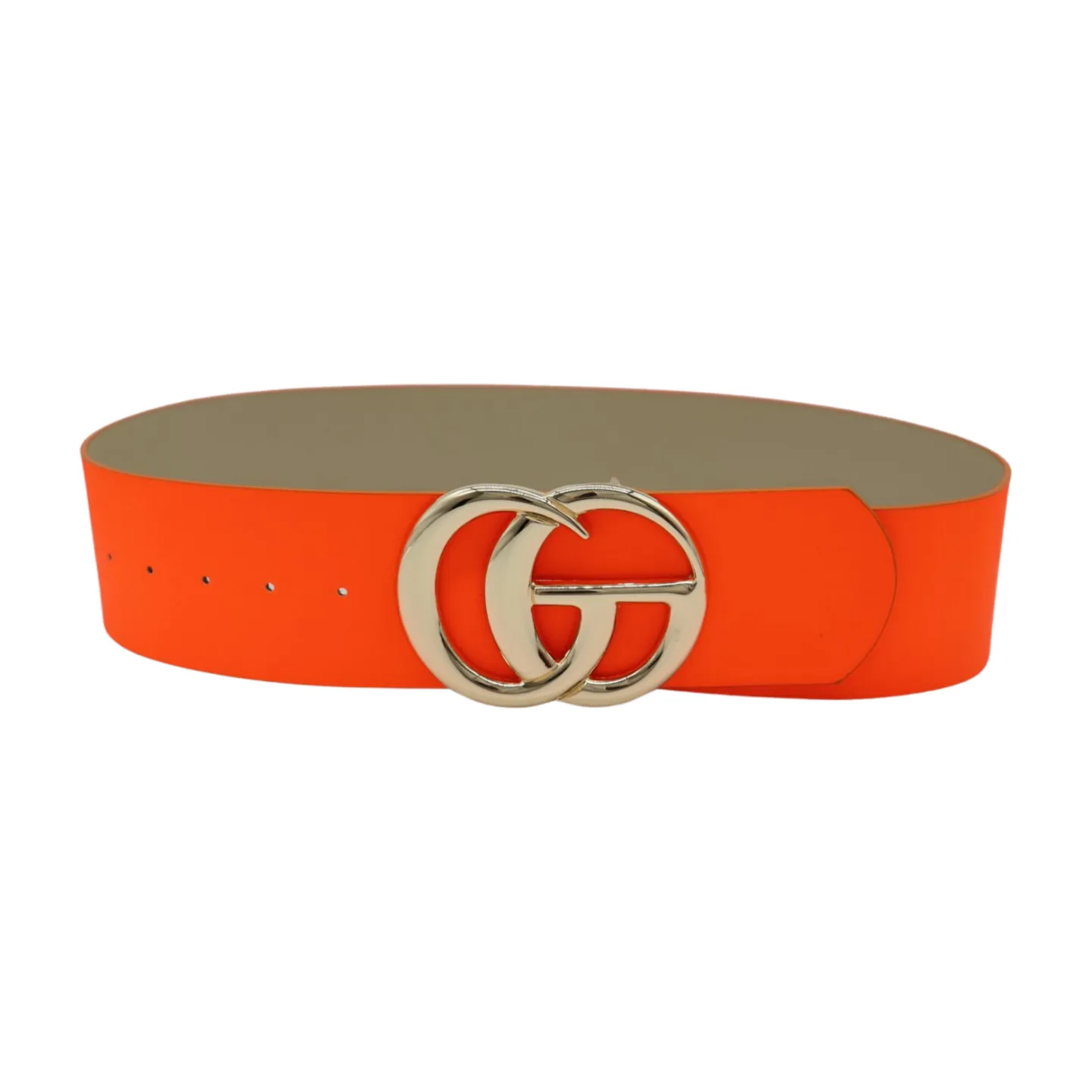 Women Neon Orange Wide Faux Leather Fashion Belt Gold Metal Circle Buckle S M