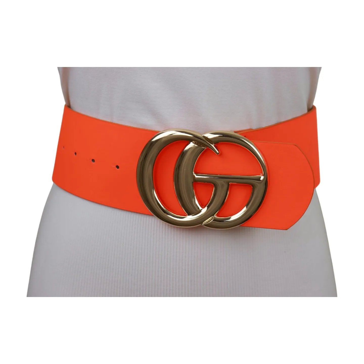 Women Neon Orange Wide Faux Leather Fashion Belt Gold Metal Circle Buckle S M