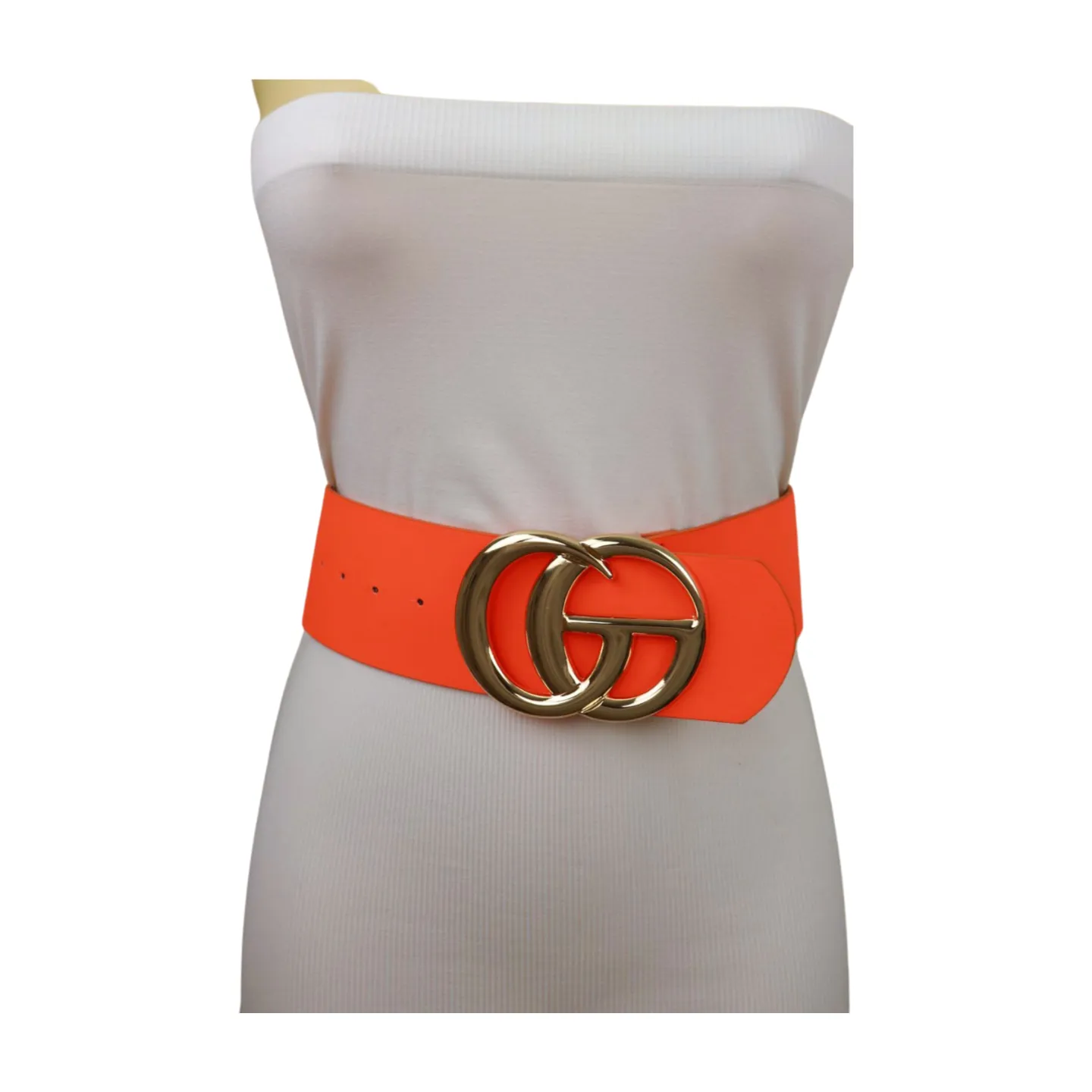 Women Neon Orange Wide Faux Leather Fashion Belt Gold Metal Circle Buckle S M