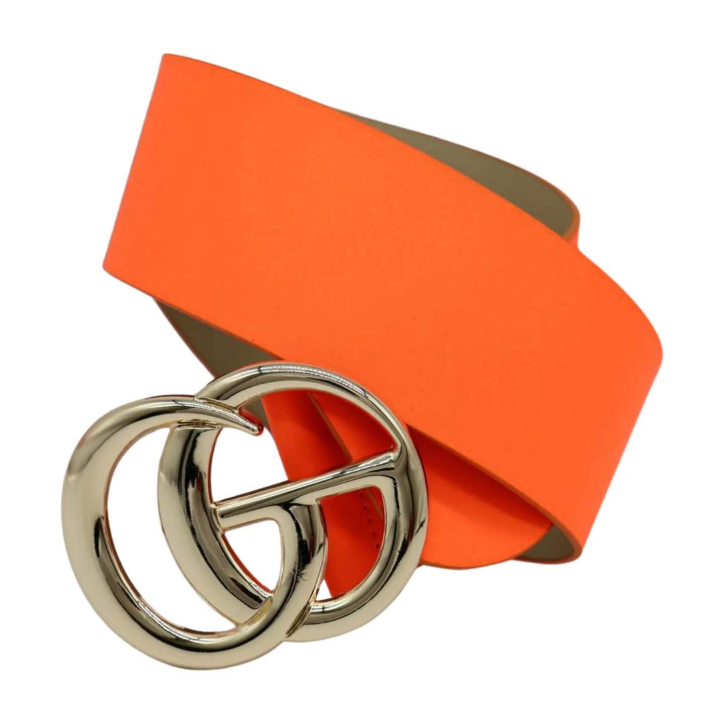 Women Neon Orange Wide Faux Leather Fashion Belt Gold Metal Circle Buckle S M