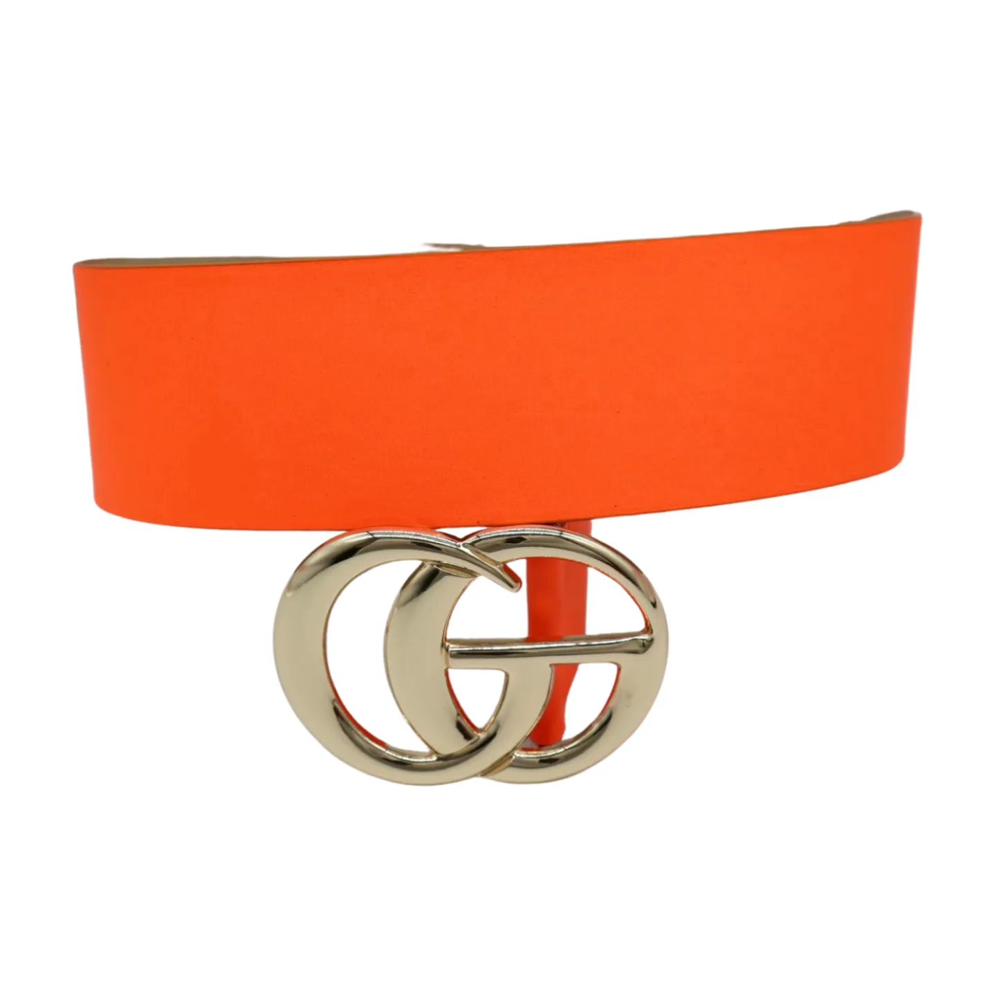 Women Neon Orange Wide Faux Leather Fashion Belt Gold Metal Circle Buckle S M