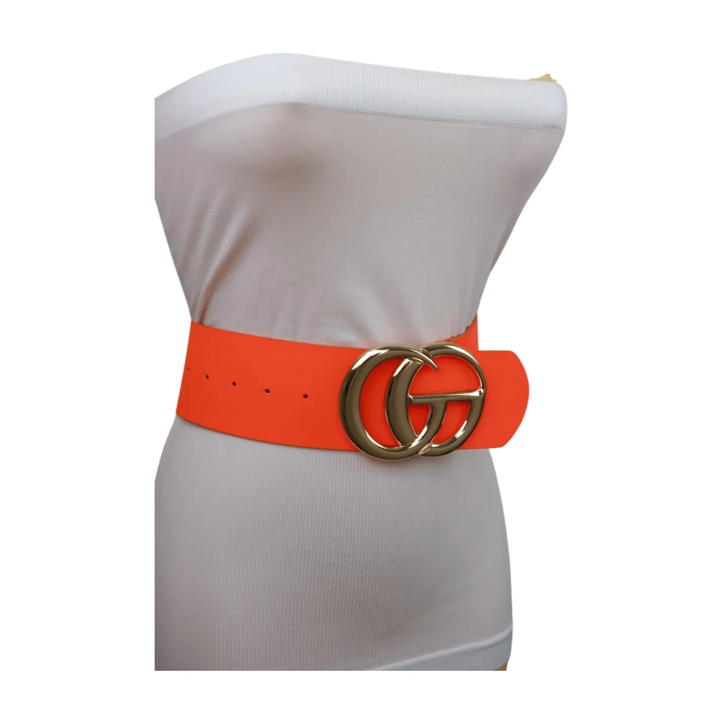 Women Neon Orange Wide Faux Leather Fashion Belt Gold Metal Circle Buckle S M