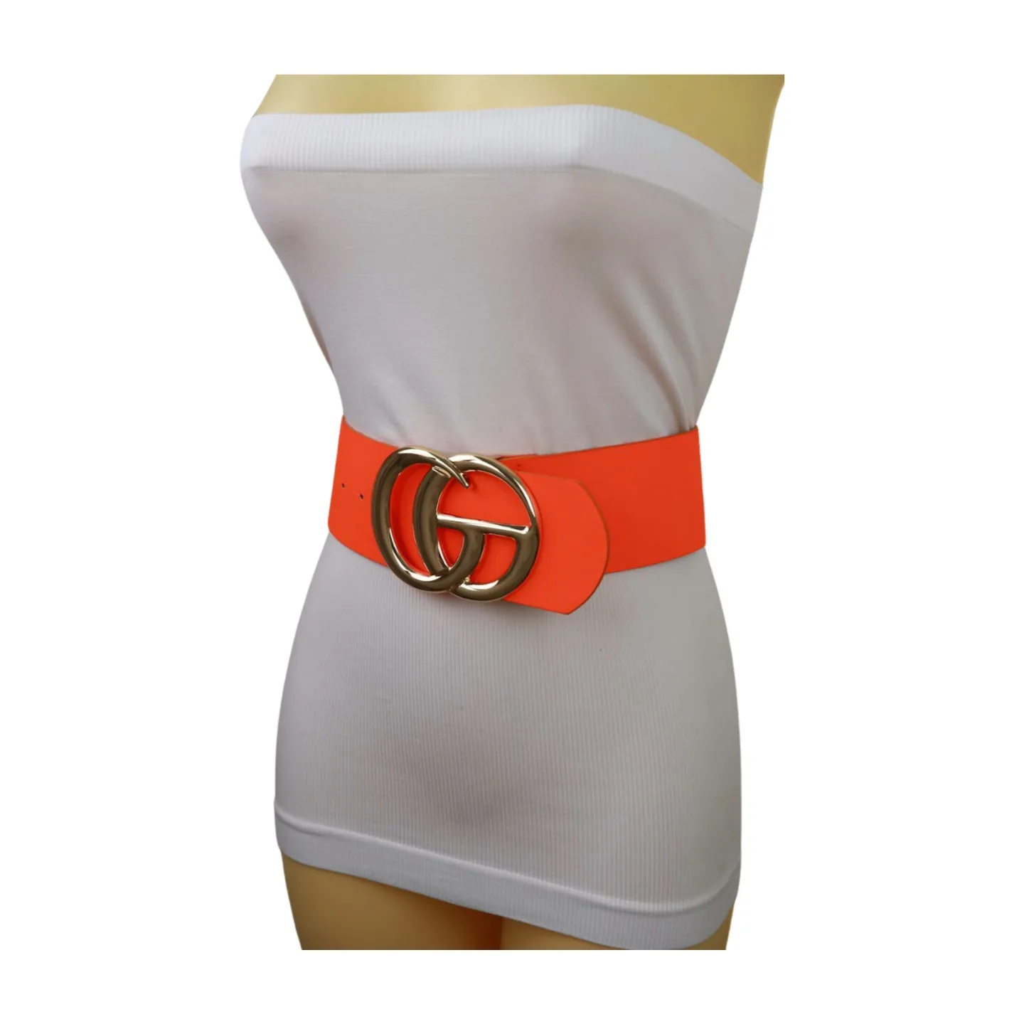 Women Neon Orange Wide Faux Leather Fashion Belt Gold Metal Circle Buckle S M