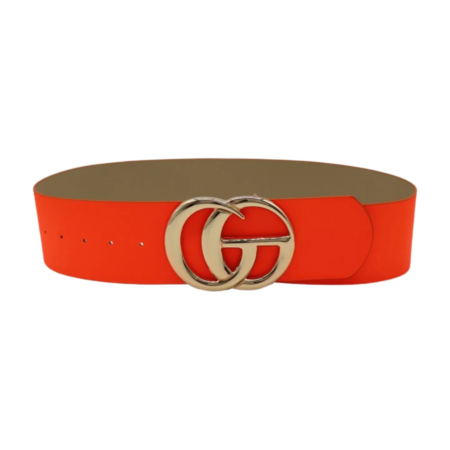 Women Neon Orange Wide Faux Leather Fashion Belt Gold Metal Circle Buckle S M