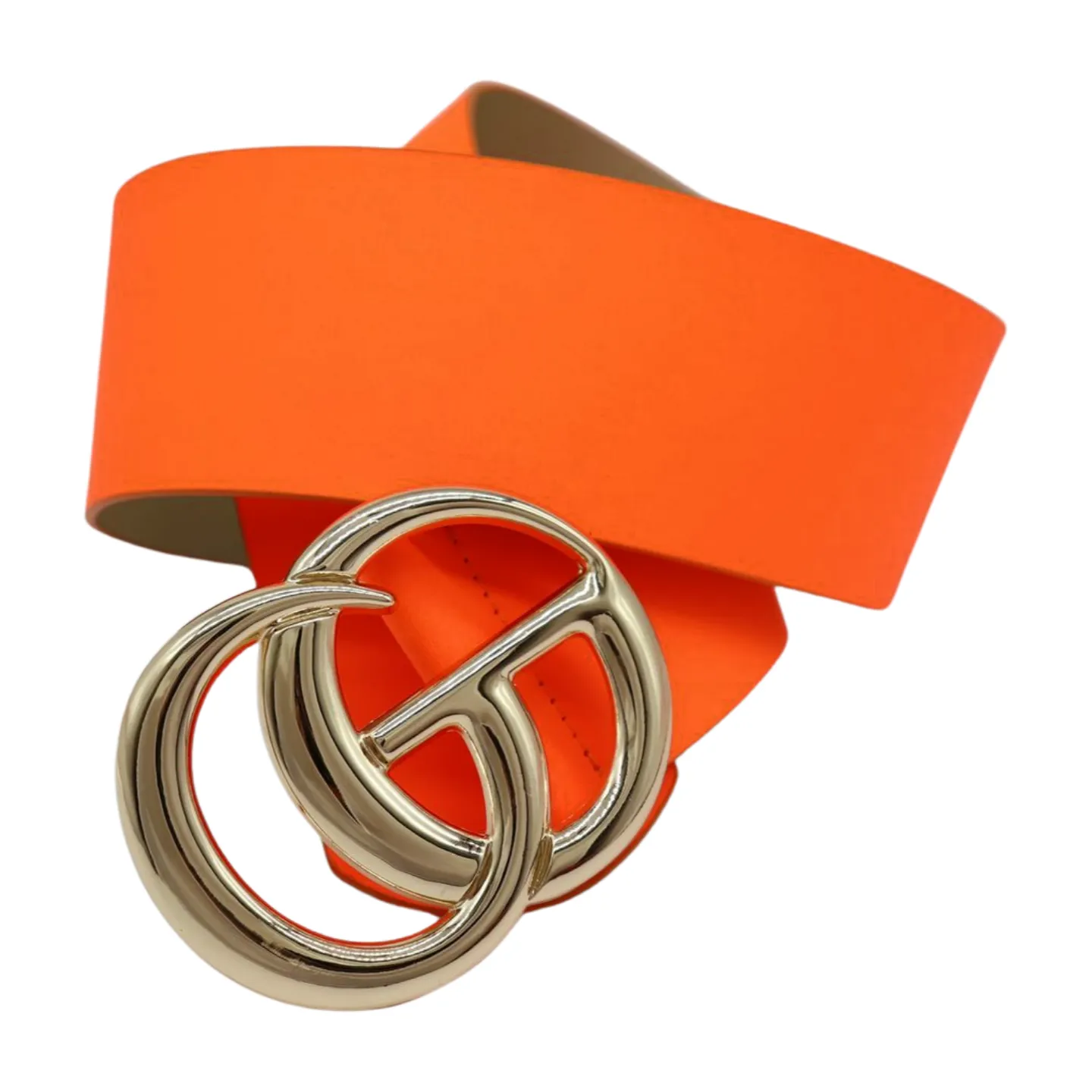 Women Neon Orange Wide Faux Leather Fashion Belt Gold Metal Circle Buckle S M