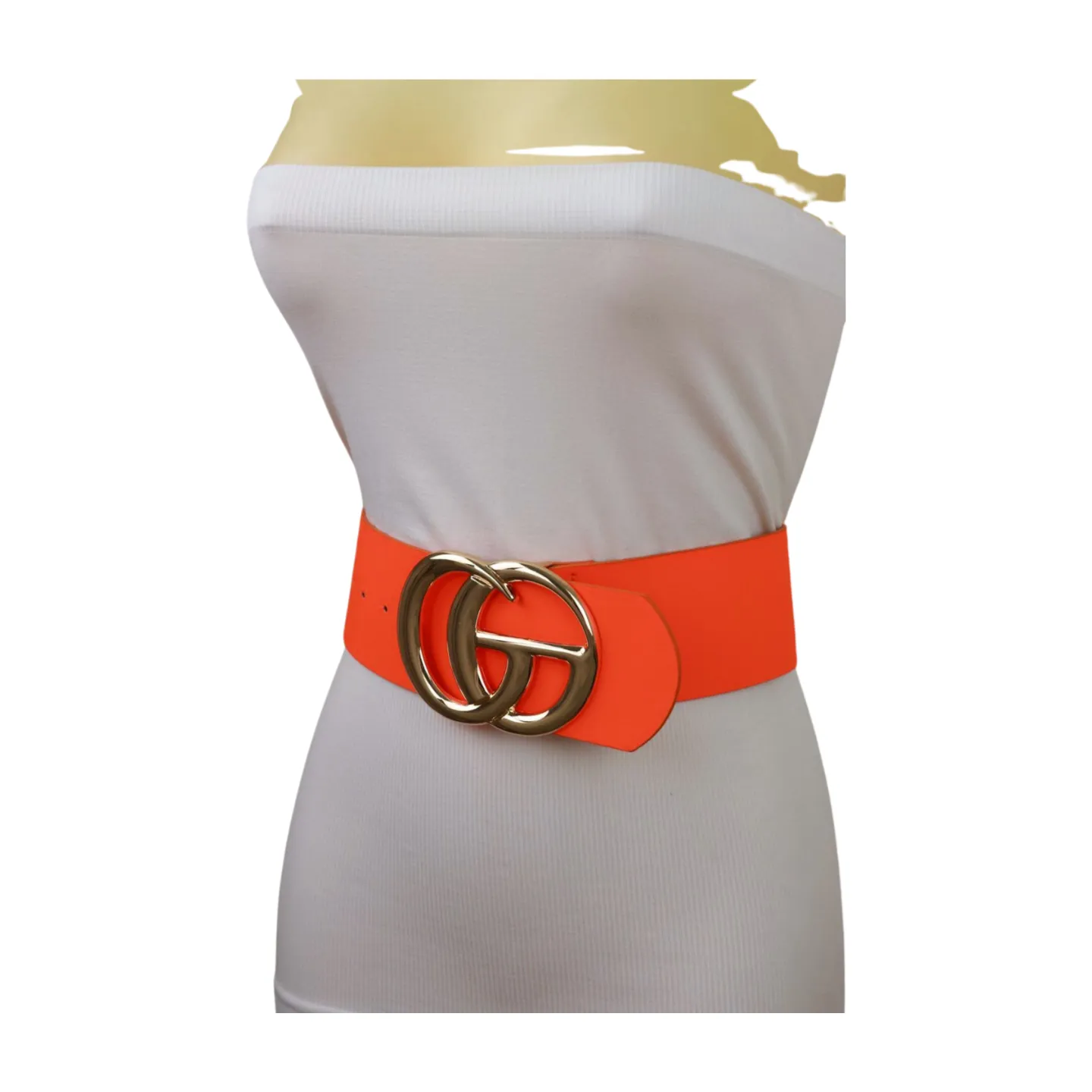 Women Neon Orange Wide Faux Leather Fashion Belt Gold Metal Circle Buckle S M