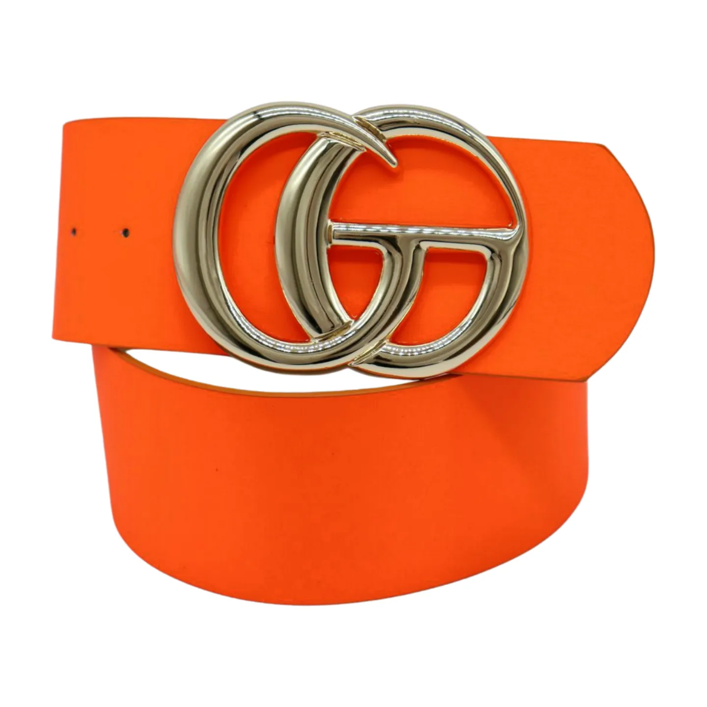 Women Neon Orange Wide Faux Leather Fashion Belt Gold Metal Circle Buckle S M