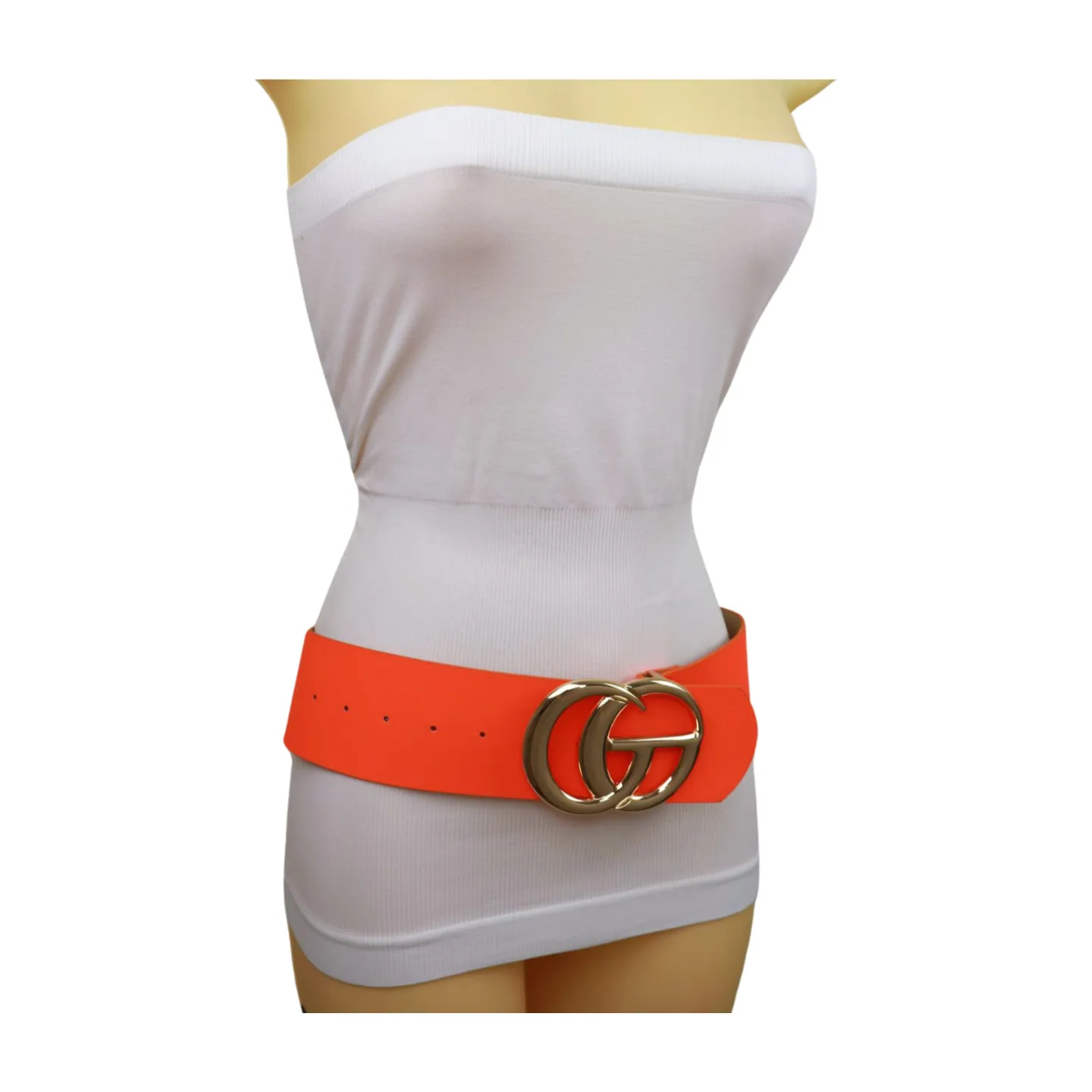 Women Neon Orange Wide Faux Leather Fashion Belt Gold Metal Circle Buckle S M