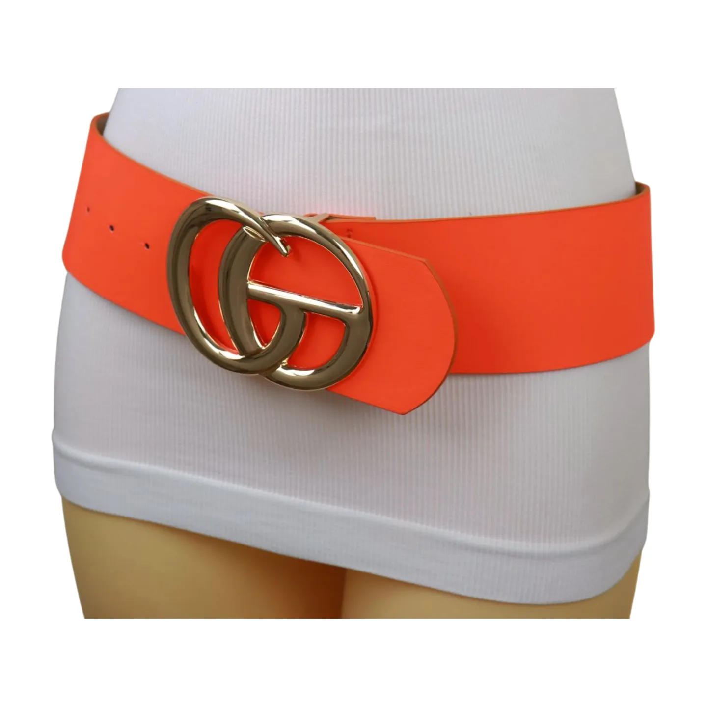 Women Neon Orange Wide Faux Leather Fashion Belt Gold Metal Circle Buckle S M