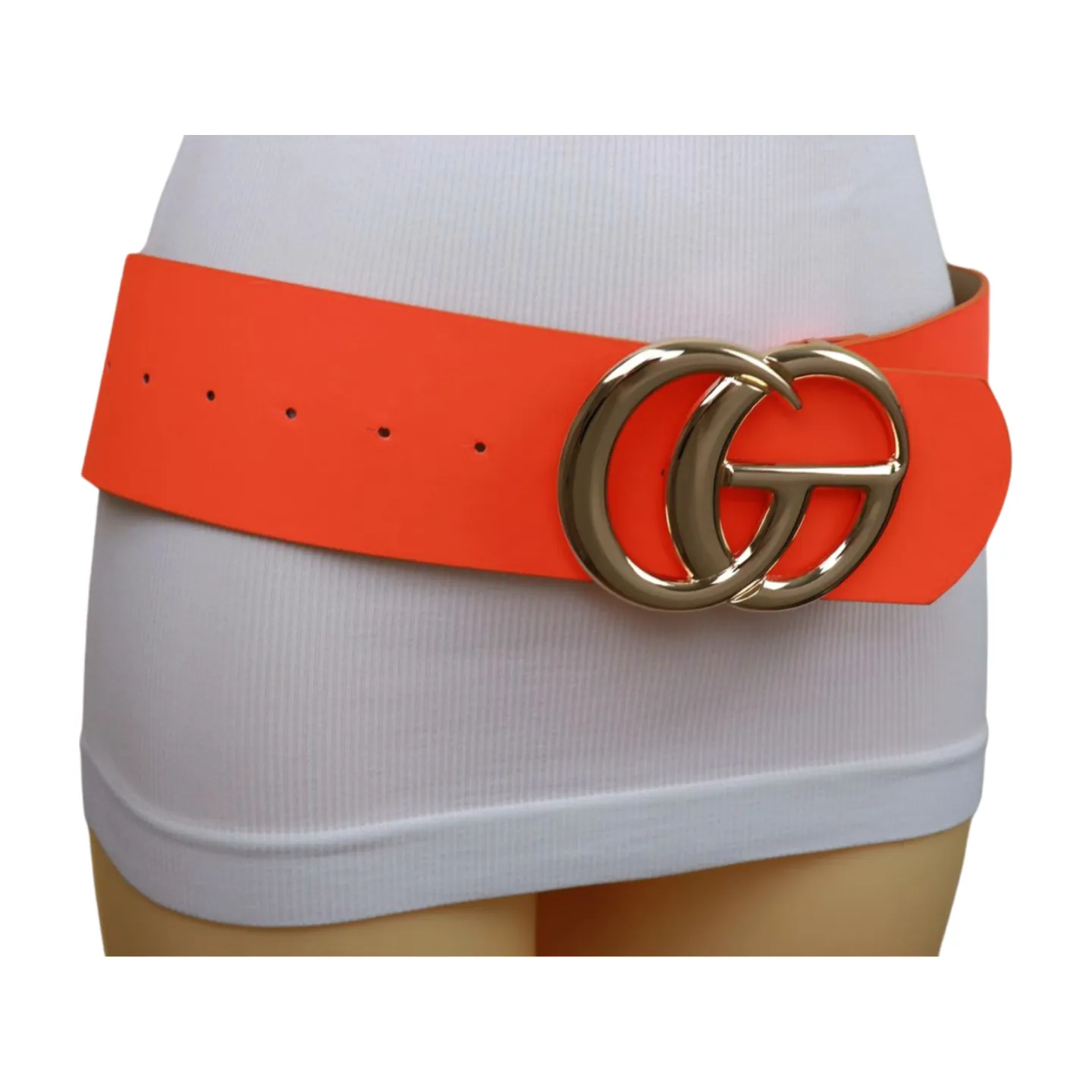 Women Neon Orange Wide Faux Leather Fashion Belt Gold Metal Circle Buckle S M