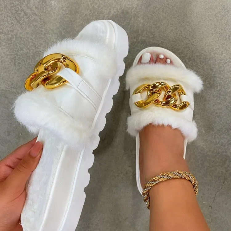 Women's Shoes Thick-soled One-line Chain Buckle Hair Slippers