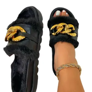 Women's Shoes Thick-soled One-line Chain Buckle Hair Slippers