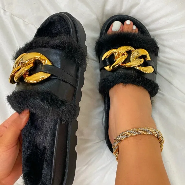Women's Shoes Thick-soled One-line Chain Buckle Hair Slippers