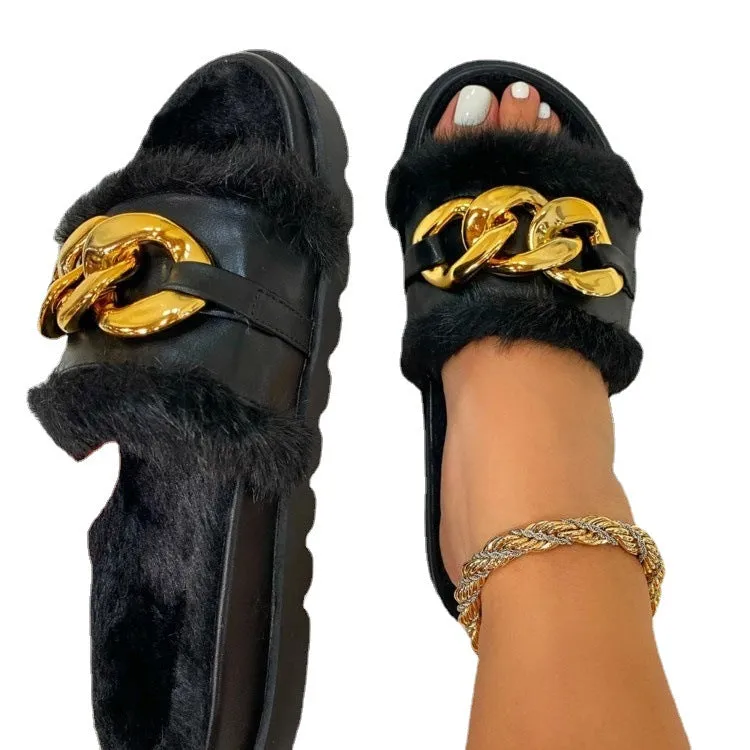 Women's Shoes Thick-soled One-line Chain Buckle Hair Slippers
