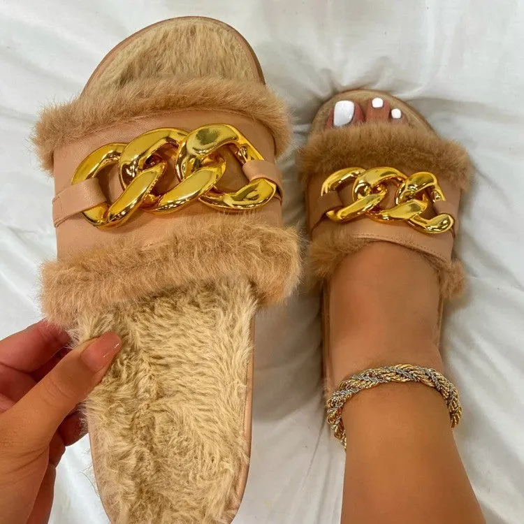 Women's Shoes Thick-soled One-line Chain Buckle Hair Slippers