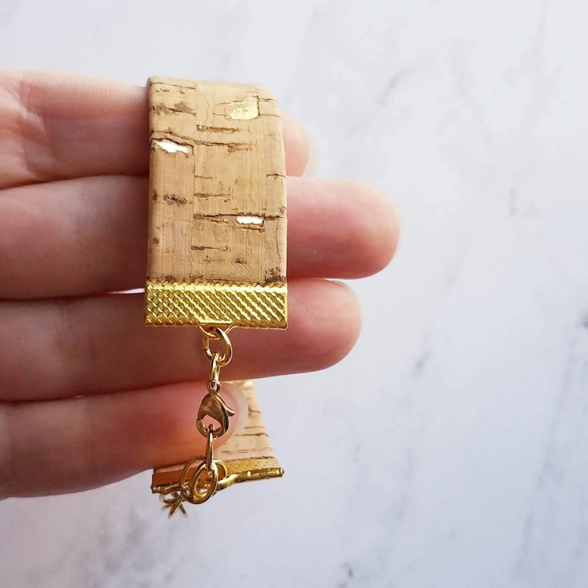 Wood Bracelet, wide cork cuff bracelet, gold adjustable chain, wood bangle, cork bangle, cork bracelet, cork wrap, woof cuff, unisex