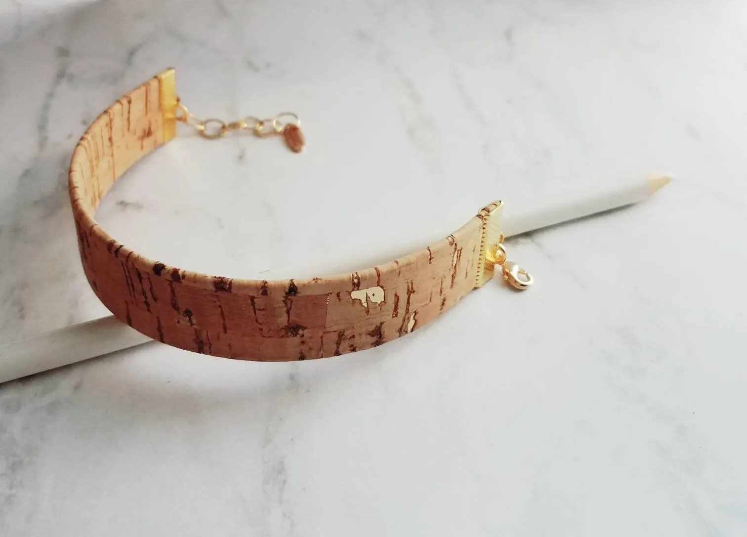 Wood Bracelet, wide cork cuff bracelet, gold adjustable chain, wood bangle, cork bangle, cork bracelet, cork wrap, woof cuff, unisex