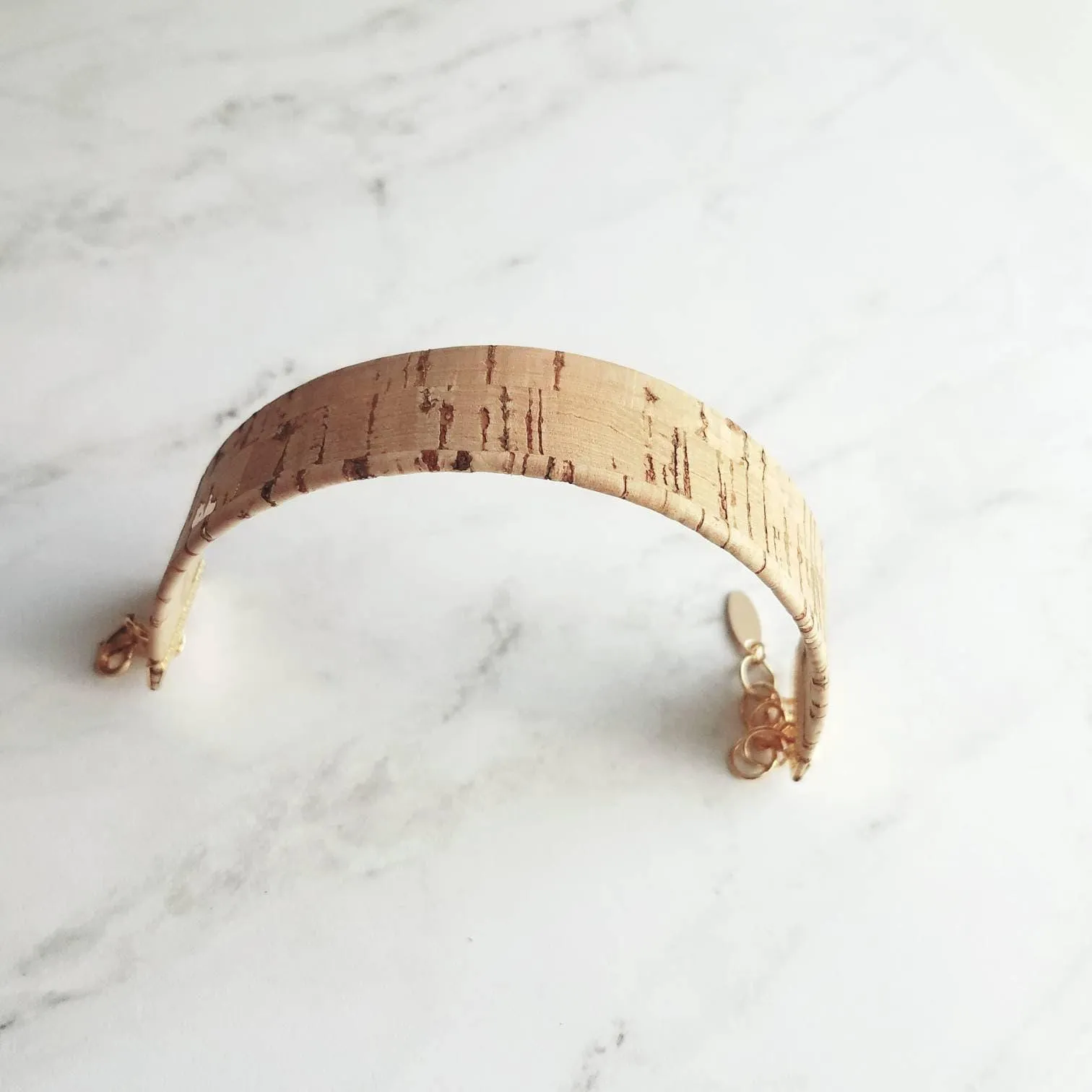 Wood Bracelet, wide cork cuff bracelet, gold adjustable chain, wood bangle, cork bangle, cork bracelet, cork wrap, woof cuff, unisex