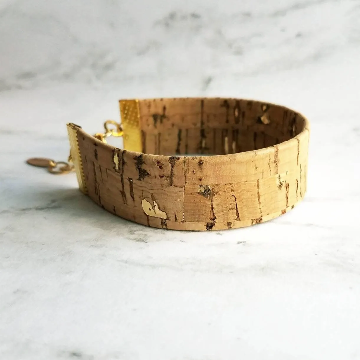 Wood Bracelet, wide cork cuff bracelet, gold adjustable chain, wood bangle, cork bangle, cork bracelet, cork wrap, woof cuff, unisex