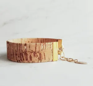 Wood Bracelet, wide cork cuff bracelet, gold adjustable chain, wood bangle, cork bangle, cork bracelet, cork wrap, woof cuff, unisex