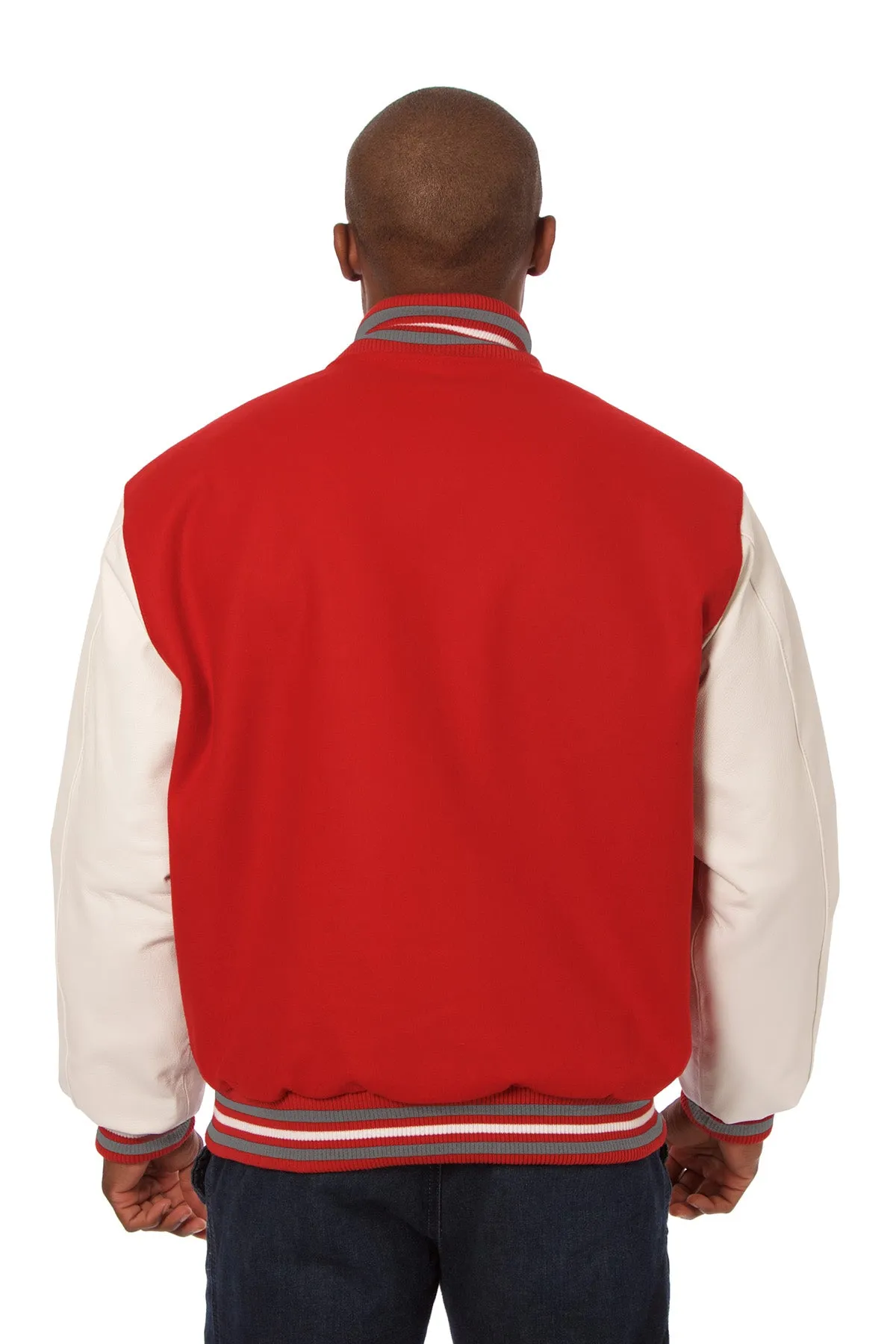 Wool and Leather Varsity Jacket in Red and White