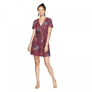 Xhilaration Women's Floral Print Short Sleeve V-Neck Wrap Knit Mini Dress