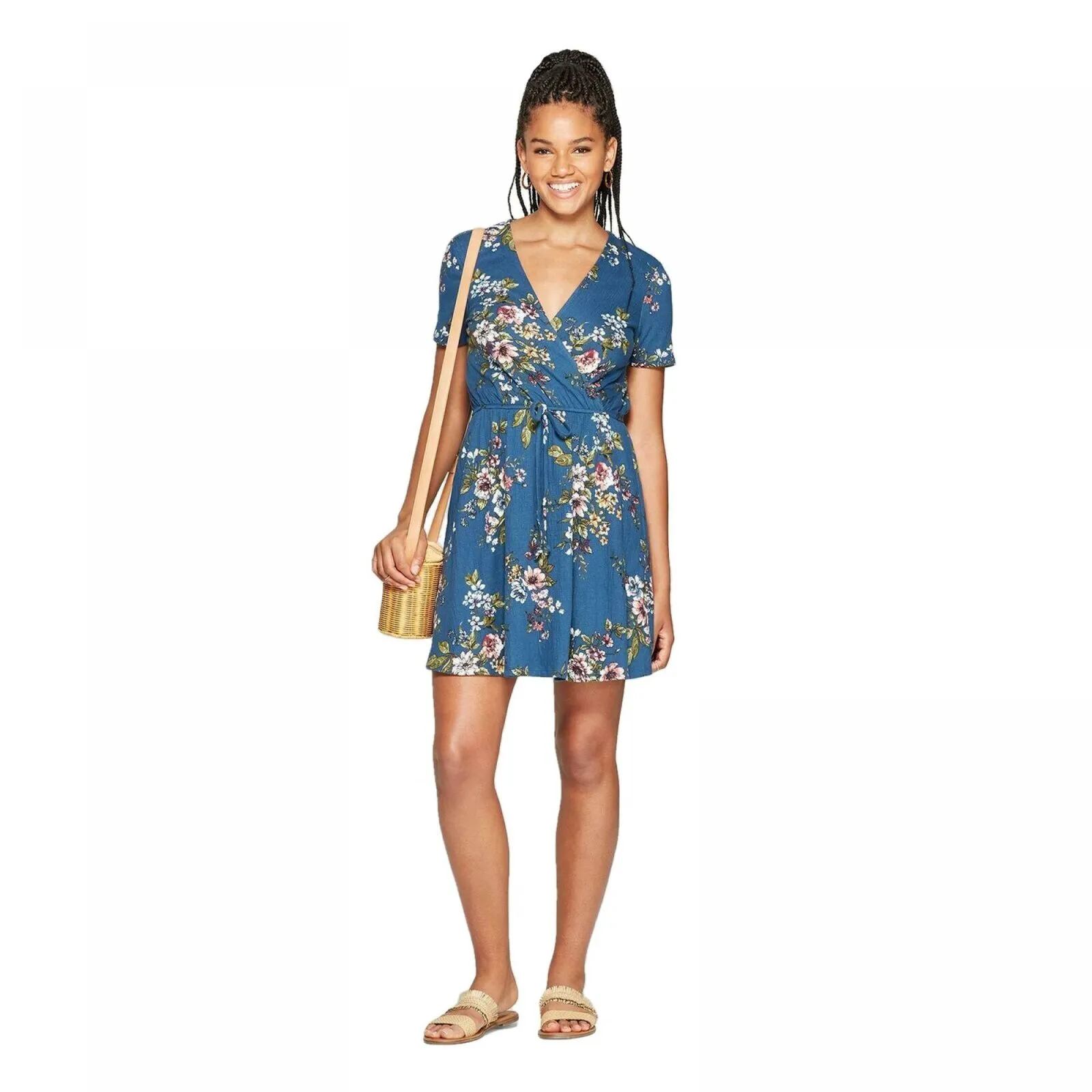 Xhilaration Women's Floral Print Short Sleeve V-Neck Wrap Knit Mini Dress