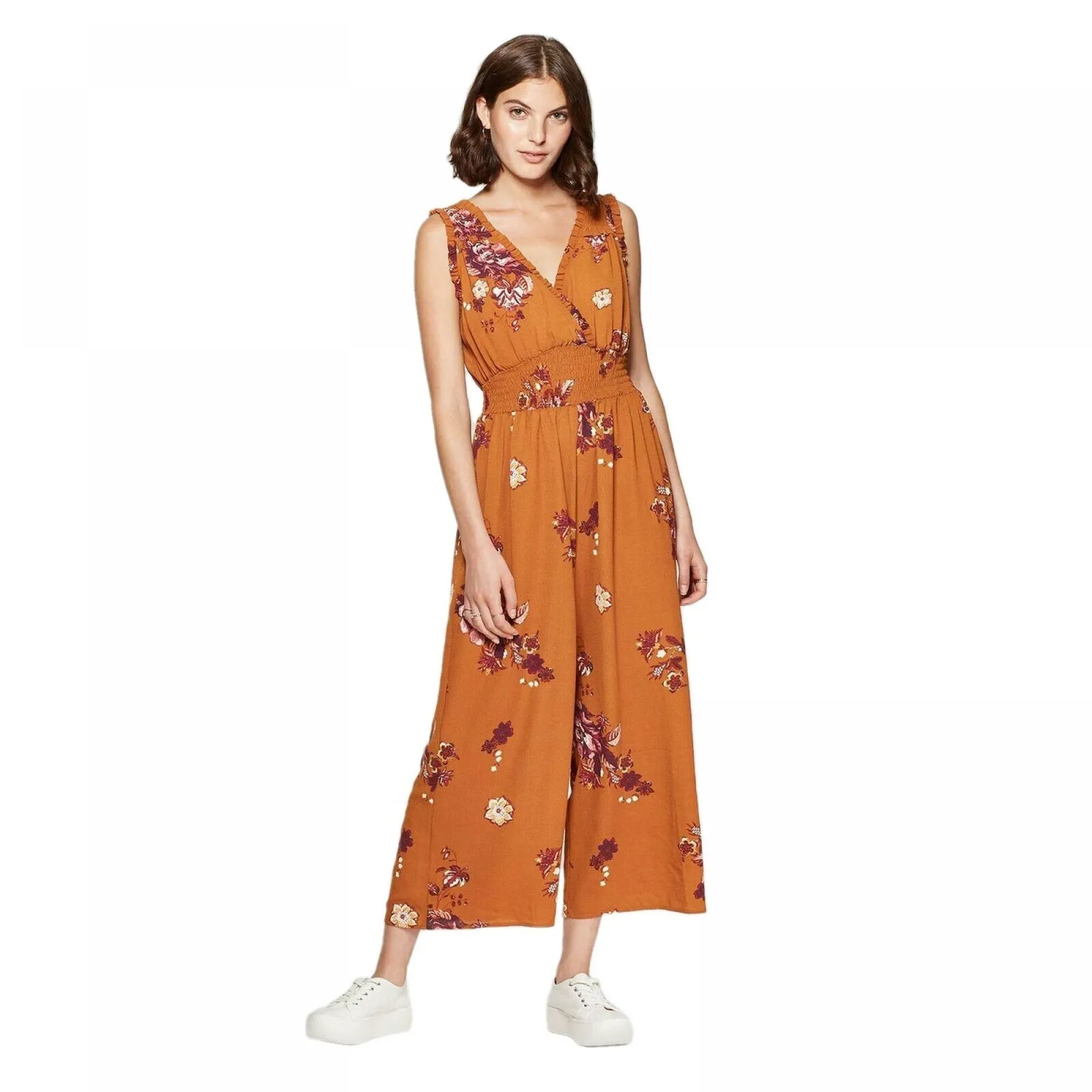 Xhilaration Women's Floral Print Sleeveless V-Neck Smocked Waist Jumpsuit