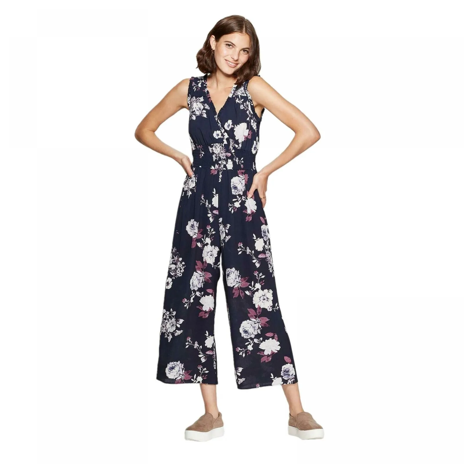 Xhilaration Women's Floral Print Sleeveless V-Neck Smocked Waist Jumpsuit